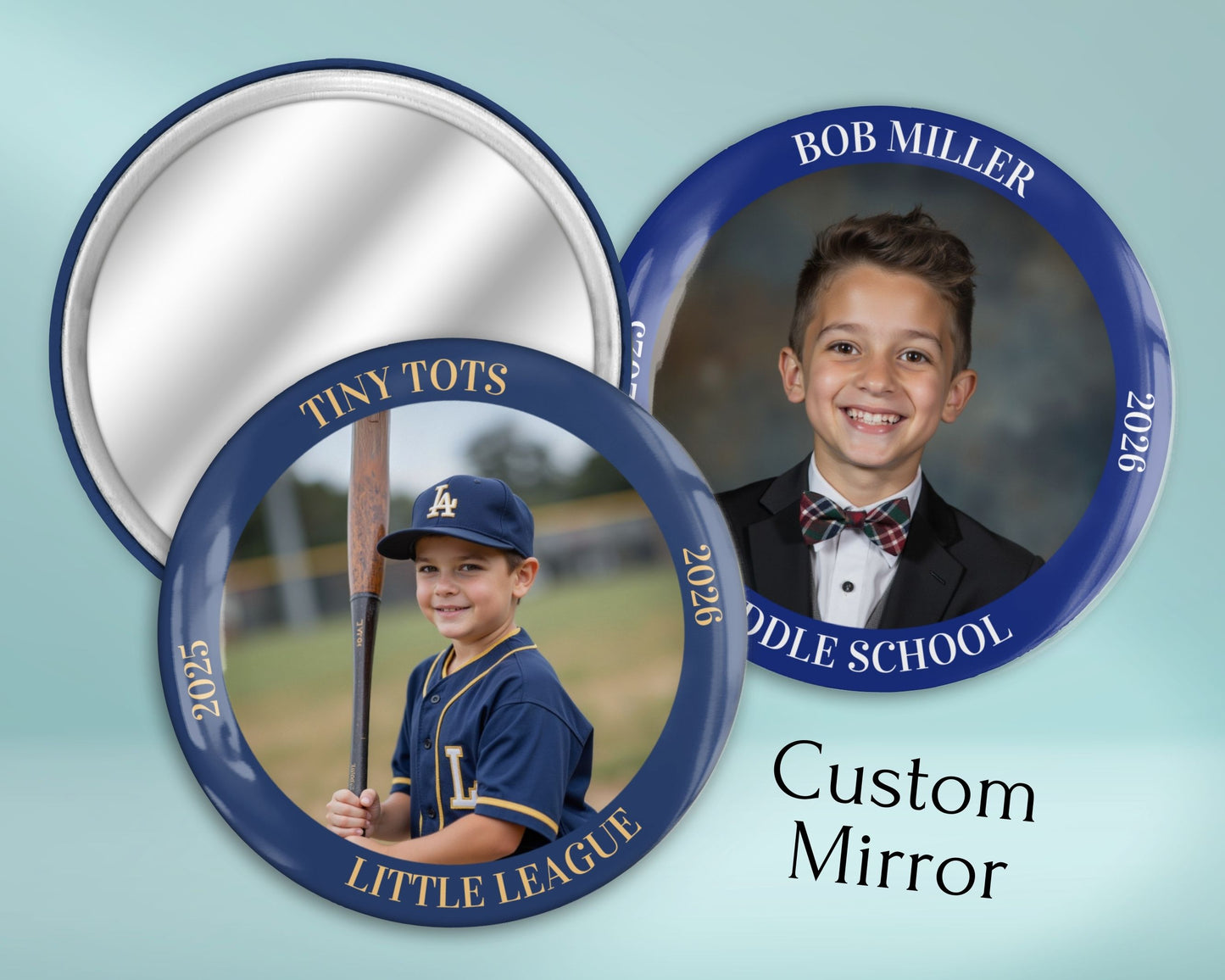 Personalized 2.25" Photo Mirror - Add Photo, Rim Text & Colored Ring – School, Team, or Event Keepsake