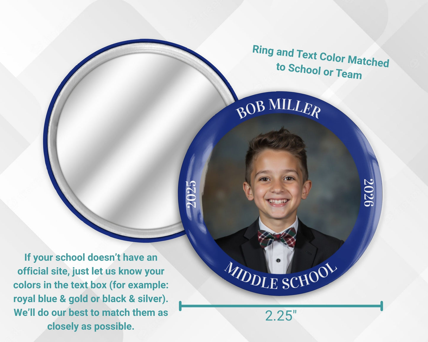Personalized 2.25" Photo Mirror - Add Photo, Rim Text & Colored Ring – School, Team, or Event Keepsake