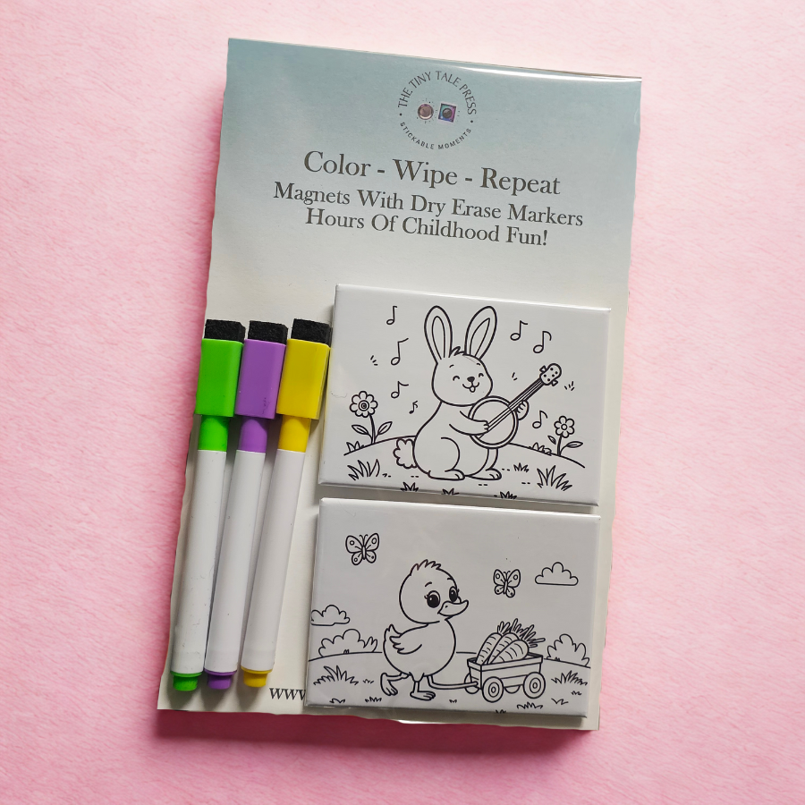 2.5" x 3.5" Dry Erase Coloring Magnets – Reusable Kids' Activity Set (2 Magnets + 3 Markers)