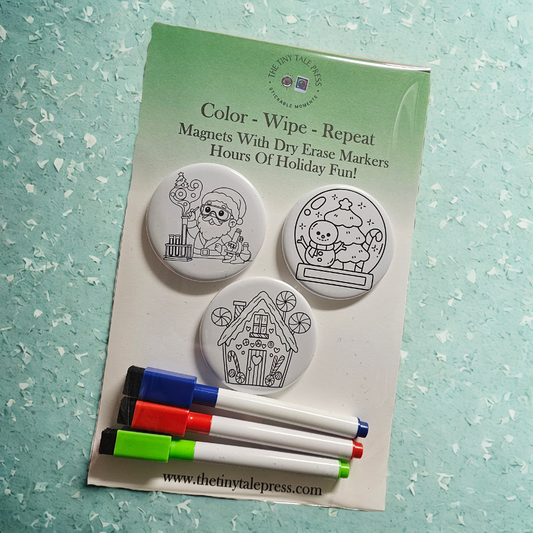 2.25" Round Dry Erase Coloring Magnets – Reusable Kids' Activity Set (3 Round Magnets + 3 Markers)